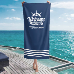 Custom Navy Blue Boat Name Welcome Aboard Beach Towel