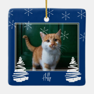 Custom Navy Blue Christmas Family Photo and Pet Ceramic Ornament