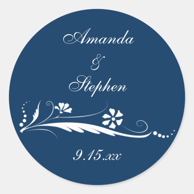 Custom Navy Blue Floral Wedding Favour Stickers (Front)