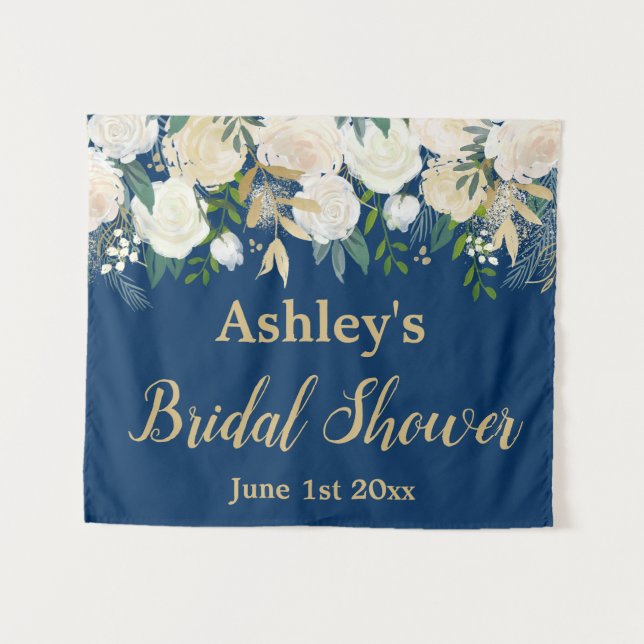 Custom Navy Blue & Gold Bridal Shower Photo Booth Tapestry (Front (Horizontal))