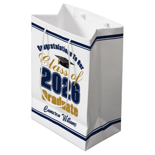 Custom Navy Blue Gold Class of 2026 Graduation Medium Gift Bag (Front Angled)