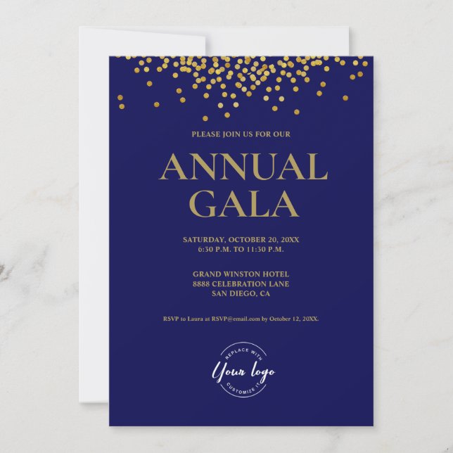 Custom Navy blue Gold confetti logo Gala corporate Invitation (Front)