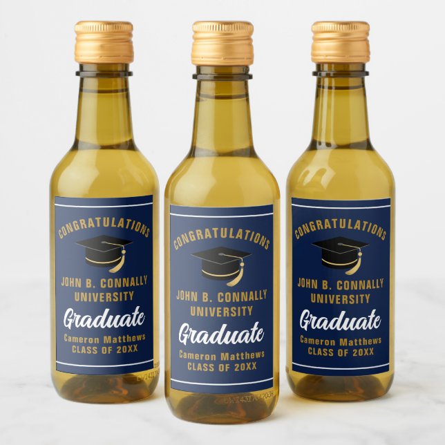 Custom Navy Blue Gold Graduation Party Mini Wine Label (Bottles)