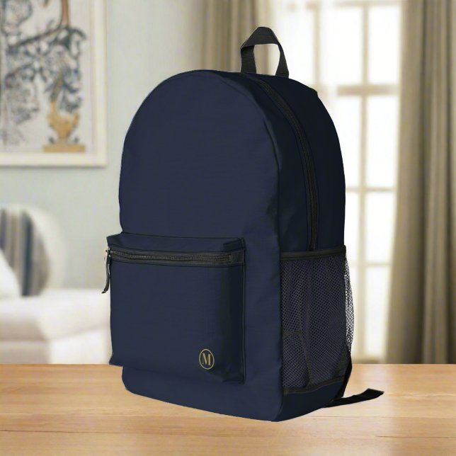 Custom Navy Blue Gold Initial Monogram Boy Sport  Printed Backpack (Creator Uploaded)