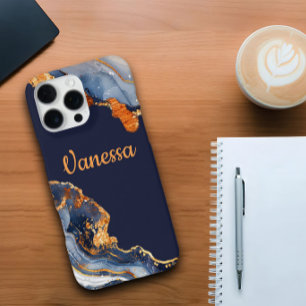 Custom Navy Blue & Gold Marble Print With Personal iPhone 16 Pro Max Case