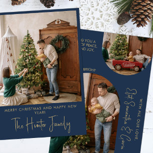Custom Navy Blue Gold Minimalist Arch Family Photo Holiday Card