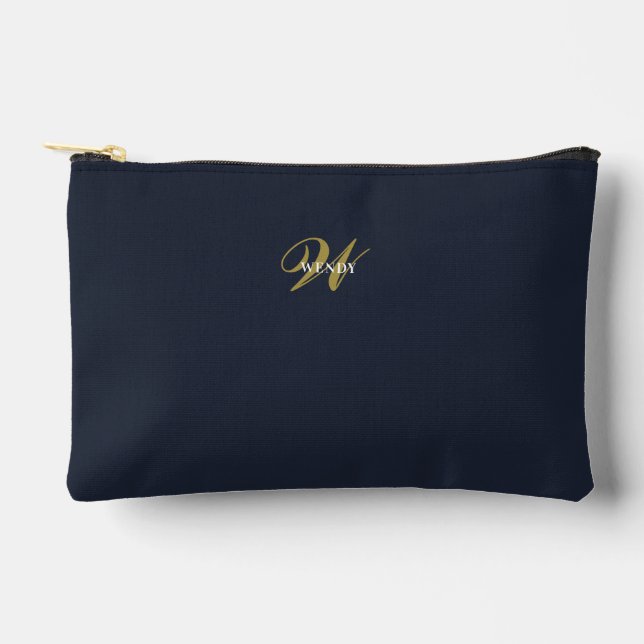 Custom Navy Blue Gold Monogram Minimal Clean Accessory Pouch (Front)