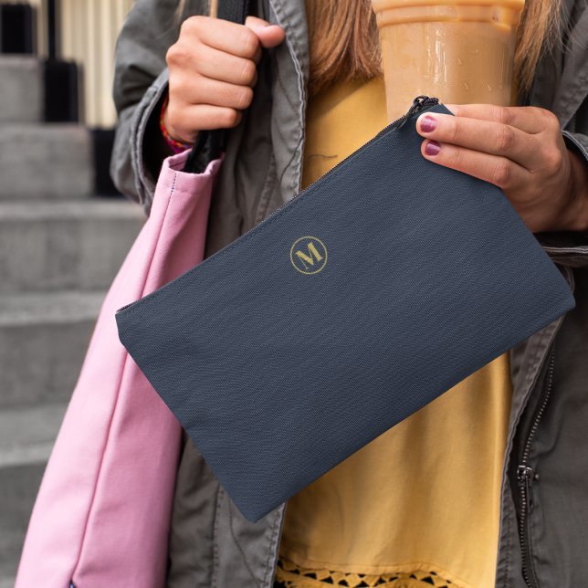Custom Navy Blue Gold Monogram Minimal Clean Accessory Pouch (Creator Uploaded)