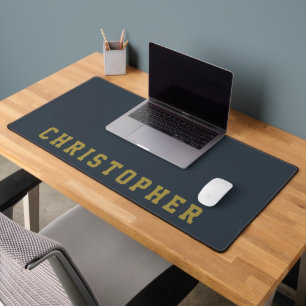 Custom Navy Blue Gold Retro Name Minimalist Men Desk Mat