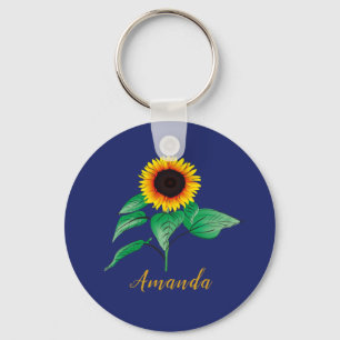 Custom Navy Blue Gold Script Watercolor Sunflower Key Ring