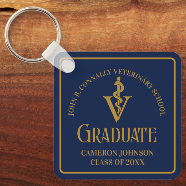 Custom Navy Blue Gold Veterinary School Graduation Key Ring (Front)