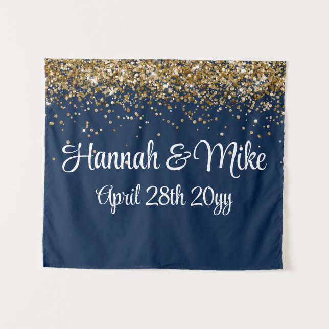 Custom Navy Blue Gold Wedding Backdrop Photo Booth Tapestry (Front (Horizontal))