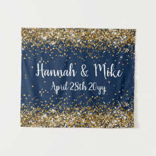 Custom Navy Blue Gold Wedding Backdrop Photo Booth Tapestry