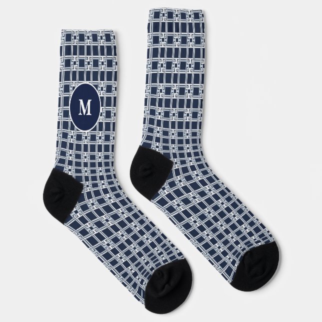 Custom Navy Blue Greek Key Monogram Gift Socks (Right)