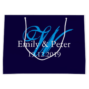 Custom Navy Blue Large Wedding Monogram Large Gift Bag