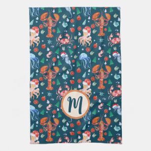 Custom Navy Blue Lobster Crustaceancore Holiday Tea Towel