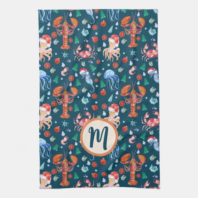 Custom Navy Blue Lobster Crustaceancore Holiday Tea Towel (Vertical)