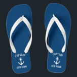 Custom navy blue nautical anchor boat captain flip flops<br><div class="desc">Custom navy blue and white nautical anchor boat captain flip flops. Personalised beach slippers with ship anchor logo. Maritime sandals for sailor and sailing enthusiasts. Customisable colour. Cool Birthday party gift or party favour idea for friends, dad, husband, uncle, grandpa, wedding groom and bride, guests etc. Unique maritime and boating...</div>