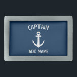 Custom navy blue nautical anchor boat captain rectangular belt buckle<br><div class="desc">Custom navy blue and white nautical anchor boat captain belt buckle. Personalised accessory with ship anchor logo. Maritime accessories for sailor and sailing enthusiasts. Customisable colour. Cool Christmas, Fathers Day, Wedding or Birthday party gift for friends, dad, father, husband, brother, uncle, grandpa, groom, wedding guests etc. Make your own unique...</div>