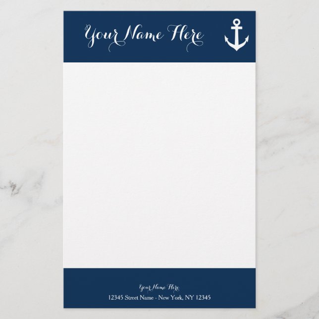 Custom navy blue nautical anchor stationery paper (Front)