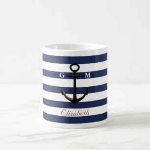 Custom Navy Blue Nautical Brass Anchor Coffee Mug