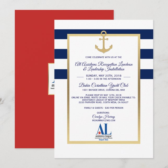 Custom Navy Blue Nautical Party Event Invites (Front/Back)