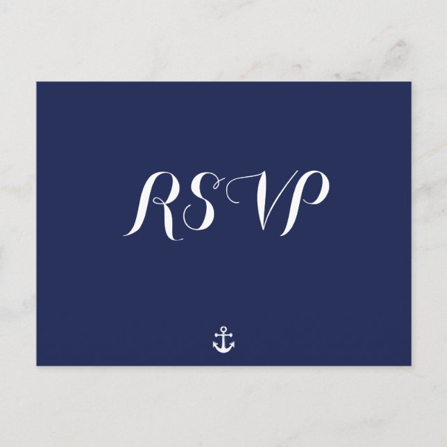 Custom Navy Blue Nautical Wedding RSVP Postcards (Front)