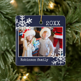 Custom Navy Blue Photo Ornament with Snowflakes