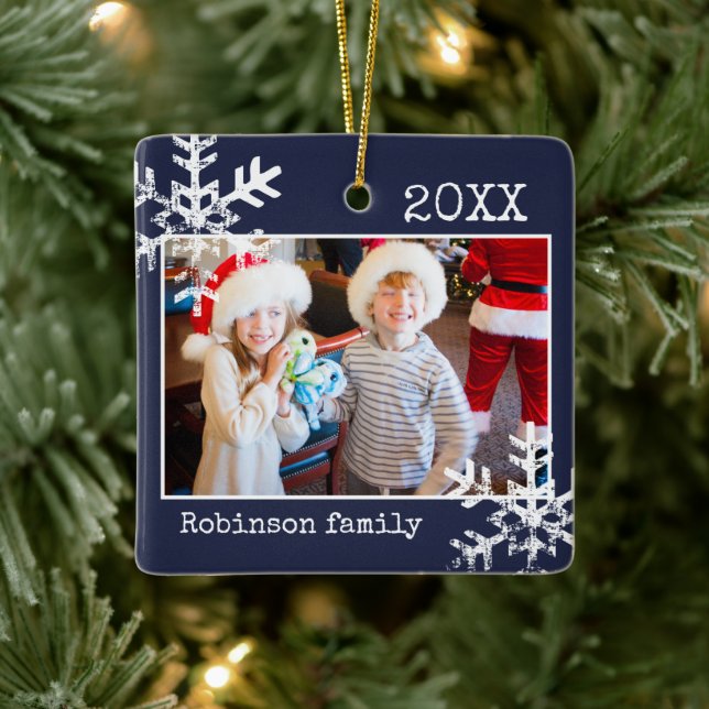 Custom Navy Blue Photo Ornament with Snowflakes (Tree)