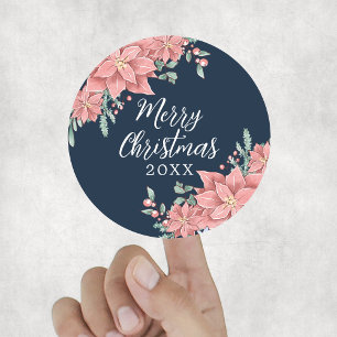 Custom Navy Blue Pink Floral Merry Christmas Classic Round Sticker