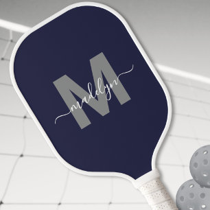 Custom Navy Blue Script Name Monogram Pickleball Paddle
