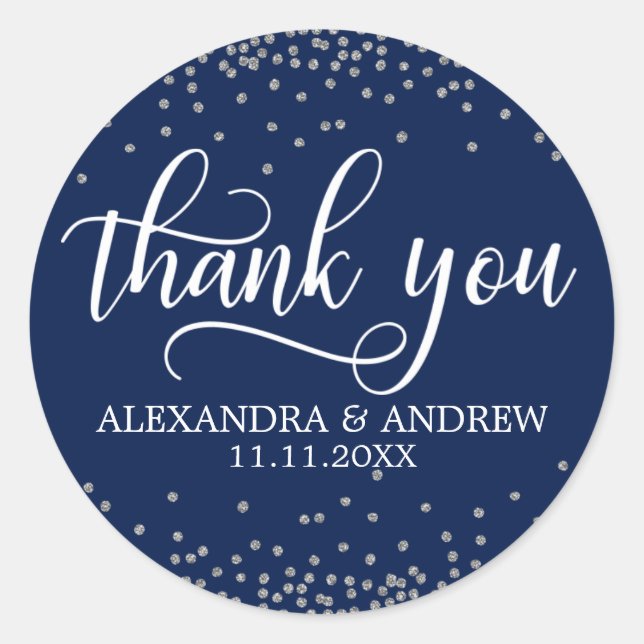 Custom Navy Blue Silver Confetti Wedding Thank You Classic Round Sticker (Front)