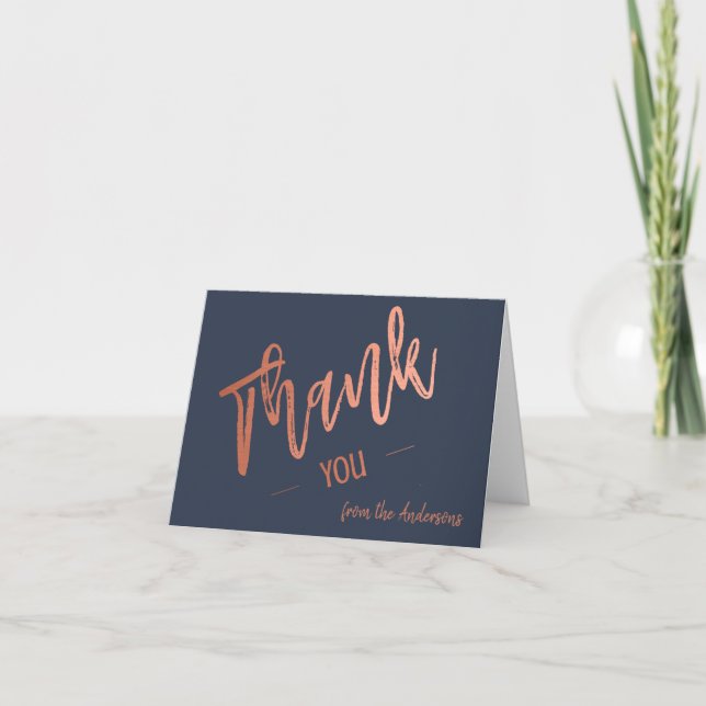 Custom Navy Blue Simple Script Rose Gold Thank You Card (Front)