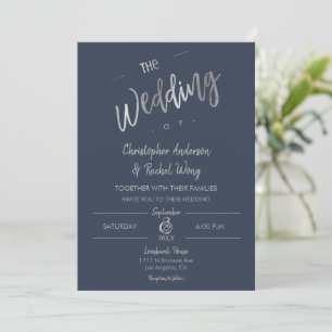 Custom Navy Blue Simple Script Silver Foil Wedding Invitation