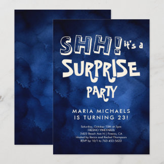 Custom Navy Blue Watercolor Surprise Birthday Invitation