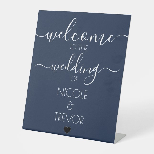 Custom Navy Blue Wedding Welcome Pedestal Sign (Front)