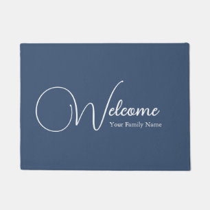 Custom Navy Blue Welcome Elegant Calligraphy Doormat