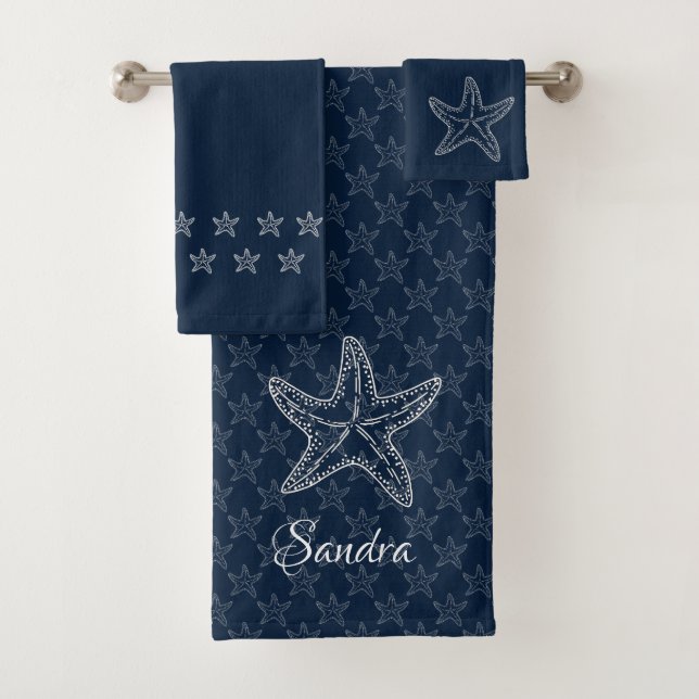 Custom Navy Blue White Chic Beach house Starfish Bath Towel Set (Insitu)