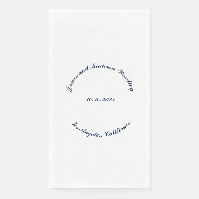 Custom navy blue white curved Name date wedding Napkin (Front)