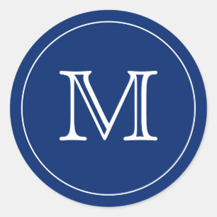Custom NAVY BLUE WHITE Monogram Letter Classic Round Sticker