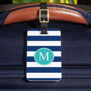 Custom Navy Blue White Nautical Stripes Pattern Luggage Tag