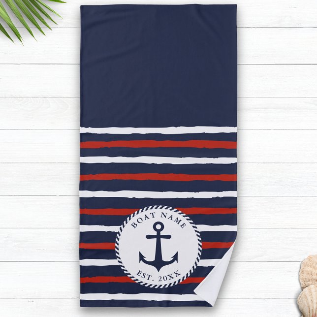 Custom Navy Blue White Red Stripes Anchor Nautical Beach Towel (Creator Uploaded)