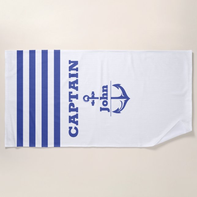 Custom Navy Captain with Personalised Name Beach Towel (Front)