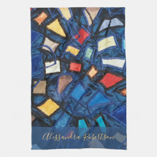 Custom Navy Colourful Stained Glass Look Abstract Tea Towel