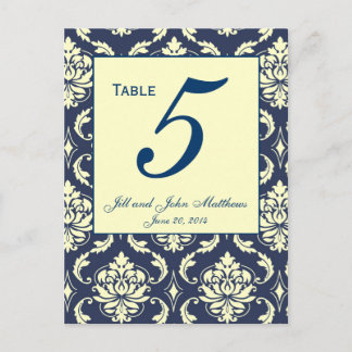 Custom Navy Damask Wedding Table Number 2 Postcard