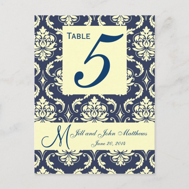 Custom Navy Damask Wedding Table Number Postcard (Front)