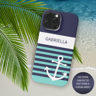 Custom Navy Dark Blue White Aqua Turquoise Stripes iPhone 15 Pro Max Case