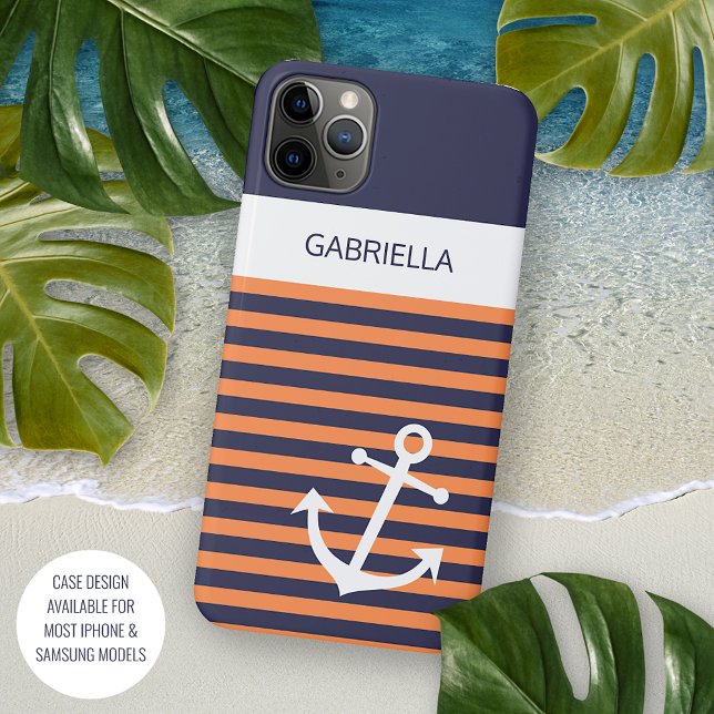Custom Navy Dark Blue White Sunny Orange Stripes iPhone Case (Creator Uploaded)
