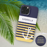 Custom Navy Dark Blue White Sunny Yellow Stripes iPhone 15 Pro Max Case<br><div class="desc">Simple contemporary ship anchor, on a classic and chic navy blue and light summery sunny yellow coloured stripes pattern. With room to personalise or customise with a name, initials or monogram of your choice on a white coloured background. Beautiful, modern, and cool cover for the trend-savvy and art-loving hip trendsetter,...</div>