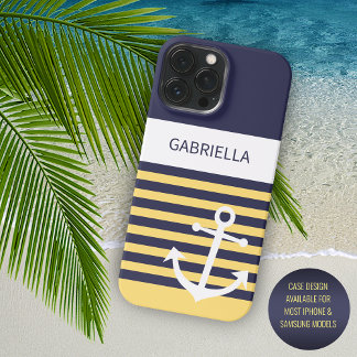 Custom Navy Dark Blue White Sunny Yellow Stripes iPhone 15 Pro Max Case